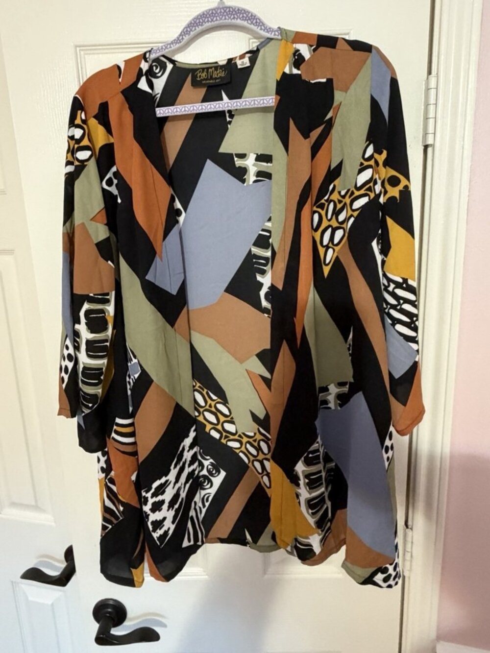 Bob Mackie Wearable Art Abstract Geometric Print Open Front Cardigan Top Size 1X